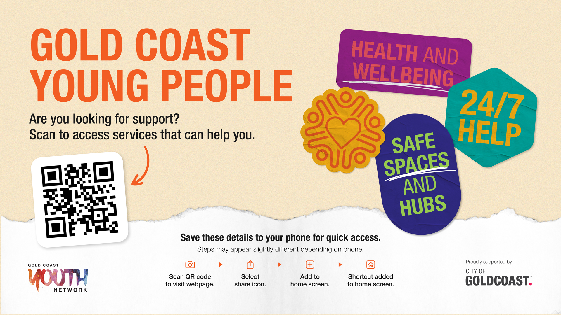 Image showing a QR code inking school leavers to a page showing support options on the Gold Coast. If you follow the link, you can save the page from the Gold Coast City Council to your phone home screen.